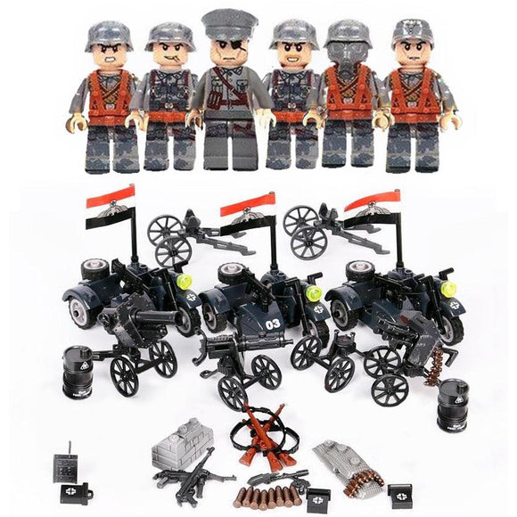 German Soldiers WW2  6-Pack with 3 Sidecars + Weapons